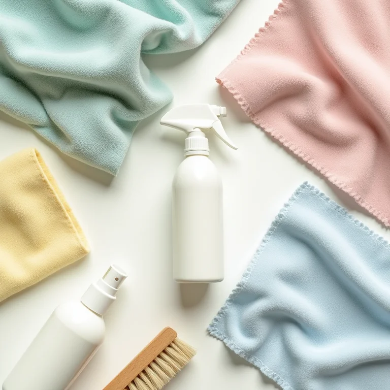 Produtos de limpeza e amostras de tecidos.