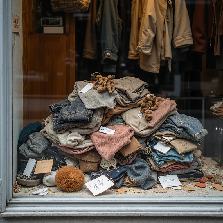 Produtos desorganizados e mal expostos em vitrine.