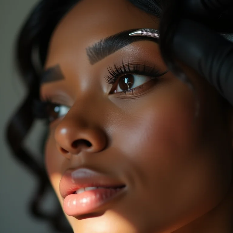 Profissional realizando microblading nas sobrancelhas de uma mulher