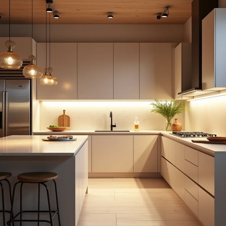 Projeto de iluminação moderno em cozinha planejada.
