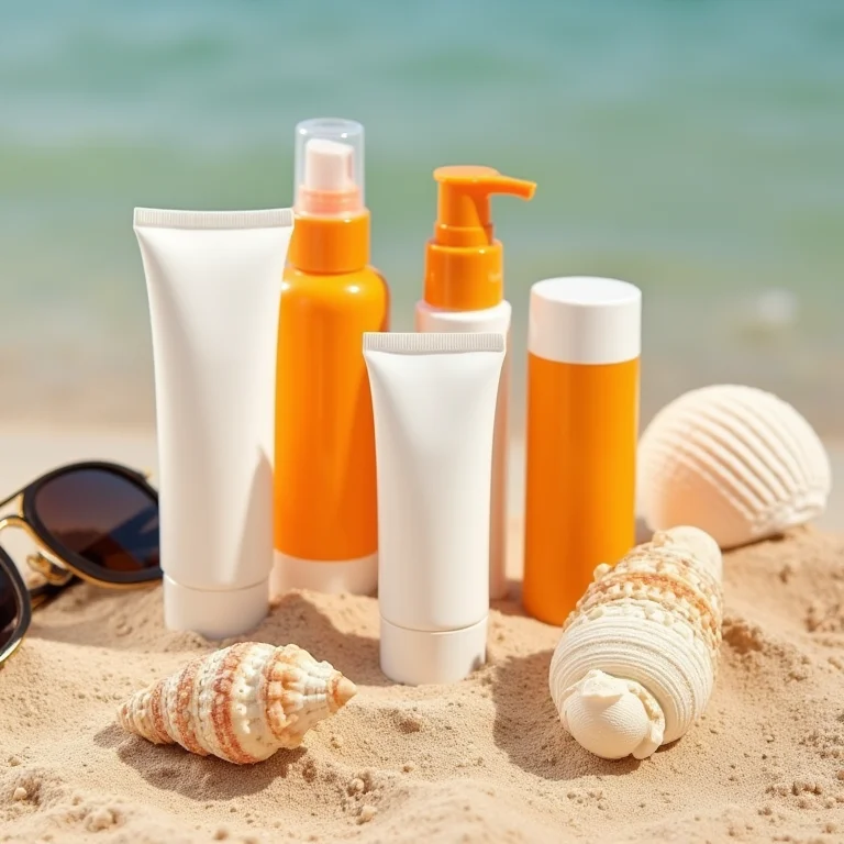 Protetores solares em tamanho viagem dispostos na areia da praia.