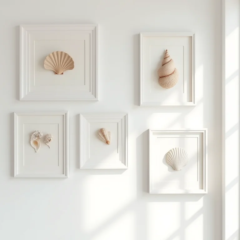 Quadros decorativos com conchas na parede branca
