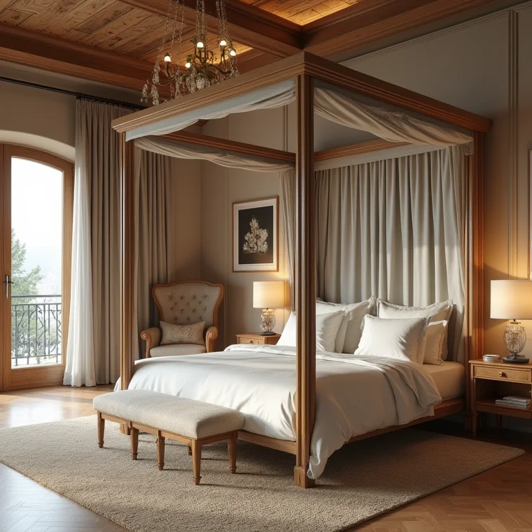 Quarto amplo com cama de dossel imponente.