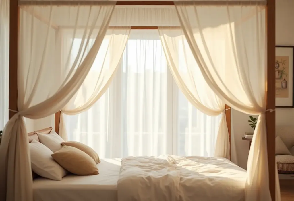 Quarto arejado com cama de dossel e iluminação natural.