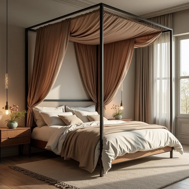 Quarto com cama de dossel com estrutura completa.