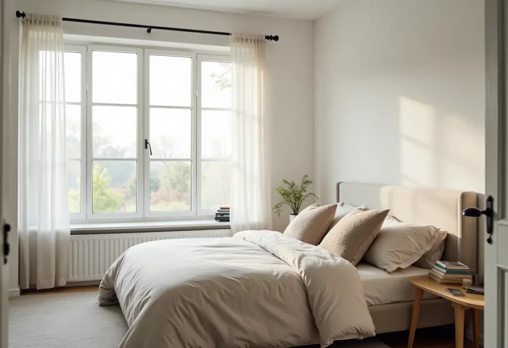 Quarto de casal moderno com iluminação natural e decoração minimalista