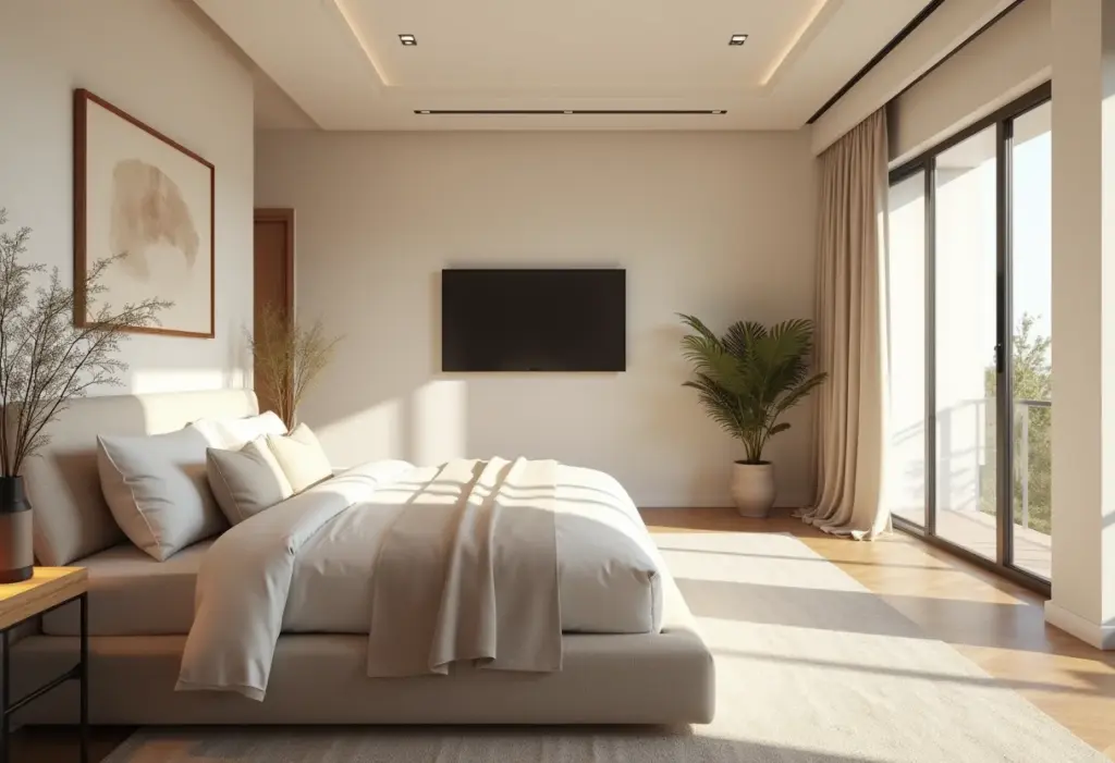 Quarto de casal moderno com TV e decoração minimalista