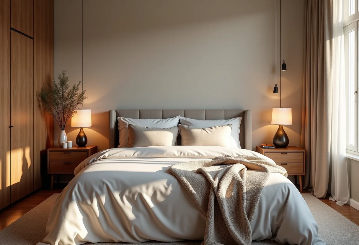 Quarto de hóspedes aconchegante com cama arrumada e iluminação suave