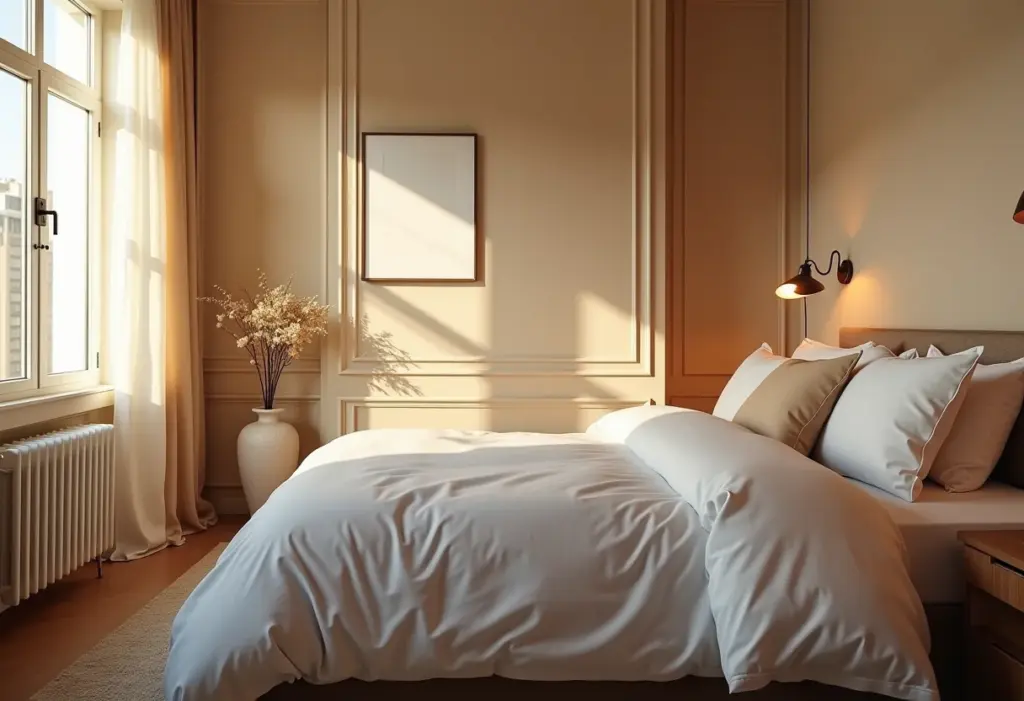 Quarto de hóspedes aconchegante com cama arrumada e iluminação suave