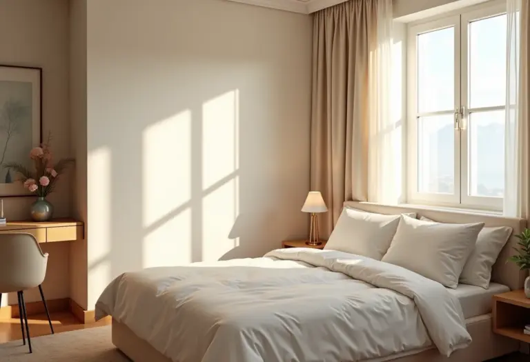 Quarto de hóspedes aconchegante com cama arrumada e iluminação suave