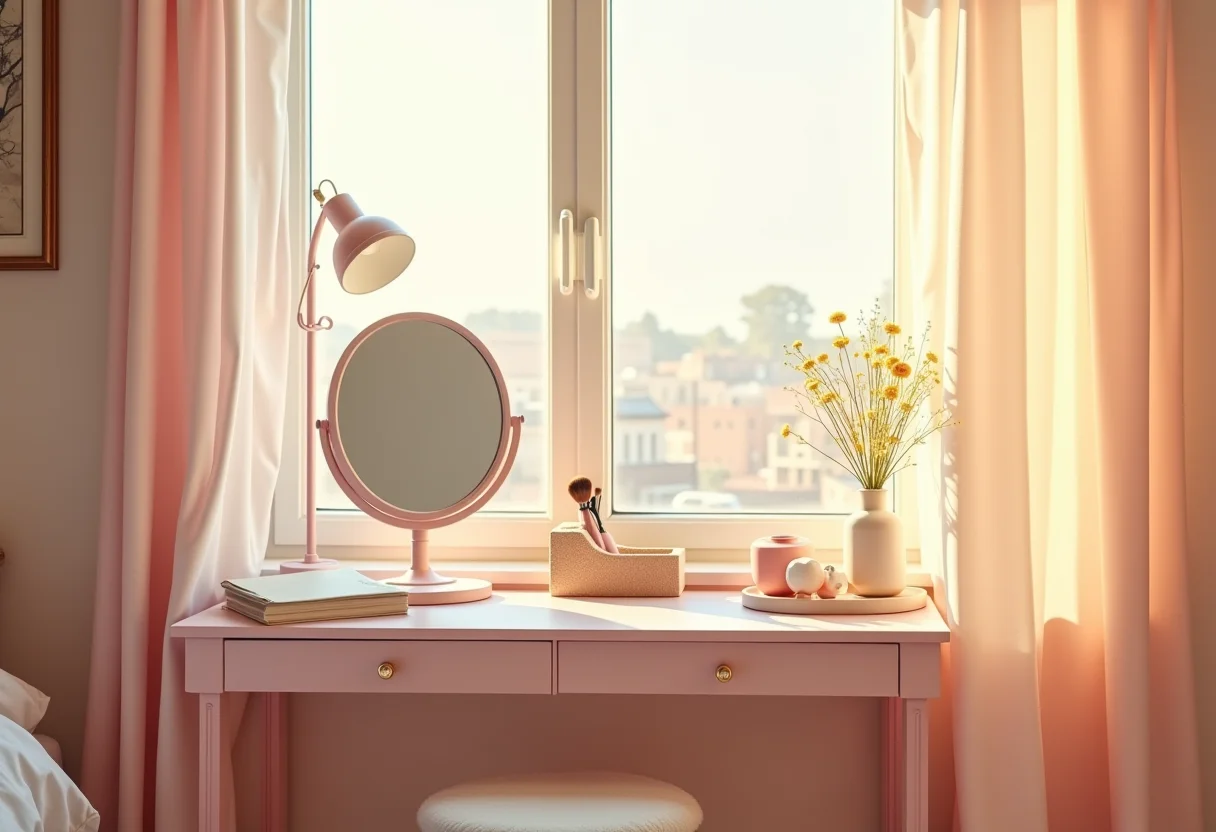 Quarto de menina com penteadeira decorada em tons pastel