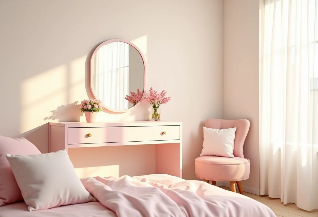 Quarto de menina com penteadeira iluminada e decorada em tons pastel