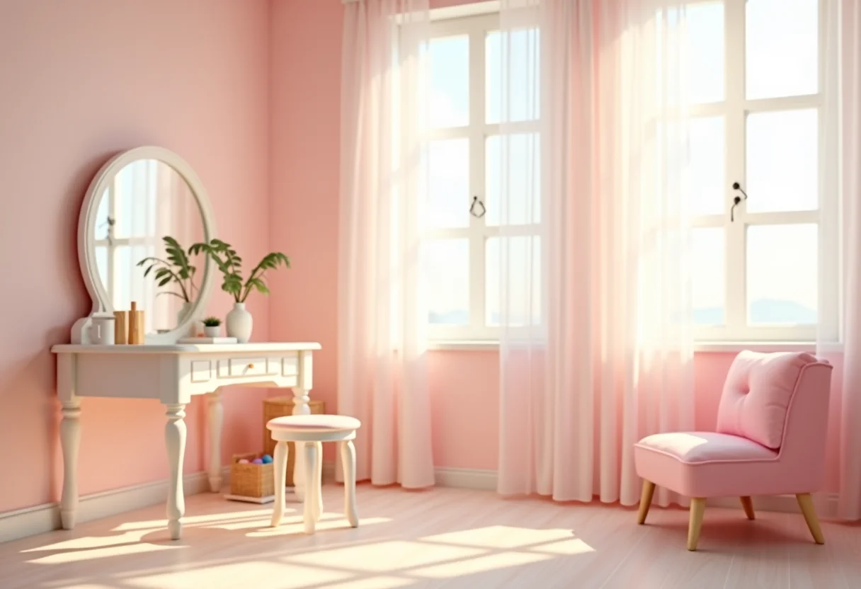 Quarto de menina com penteadeira rosa e iluminação natural