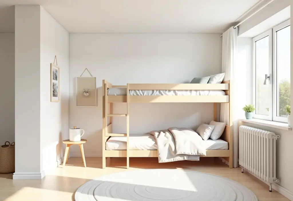 Quarto infantil moderno com beliche estiloso e bem iluminado.