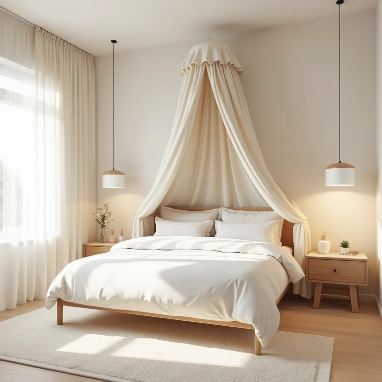 Quarto minimalista com dossel de parede.