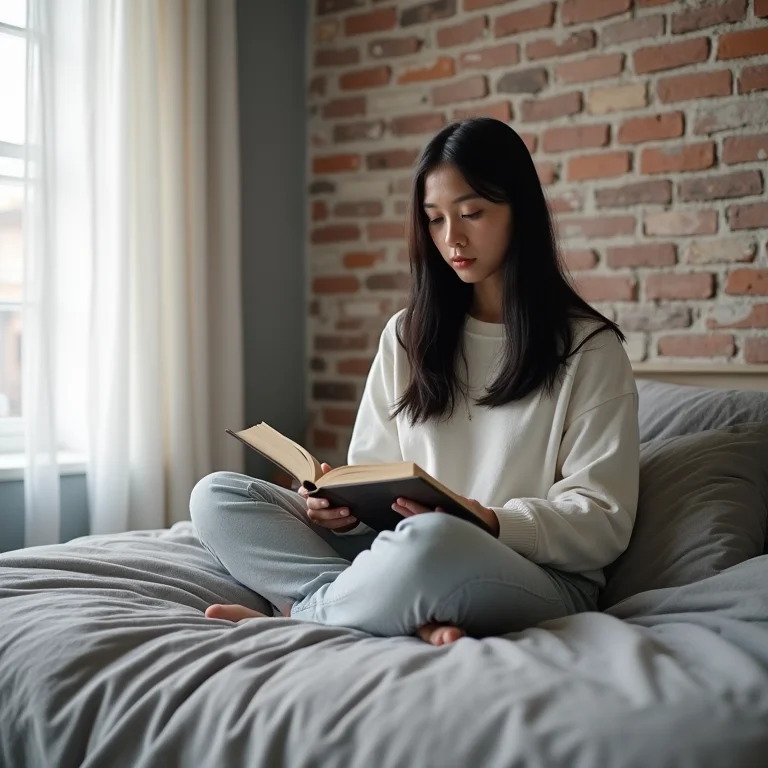 Quarto minimalista com parede de tijolinho cinza e mulher asiático-brasileira.