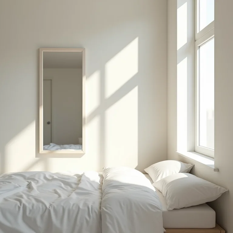 Quarto pequeno com cores claras e espelho