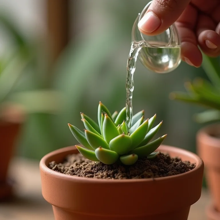 Regando uma suculenta com cuidado.