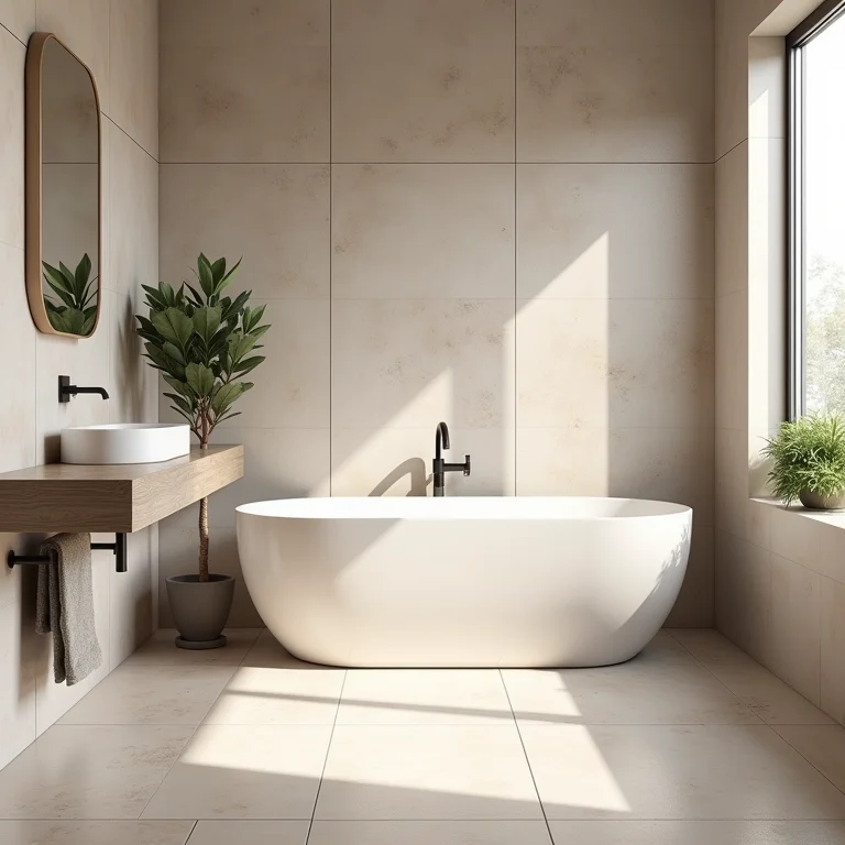 Revestimentos grandes em banheiro pequeno para sensação de amplitude.