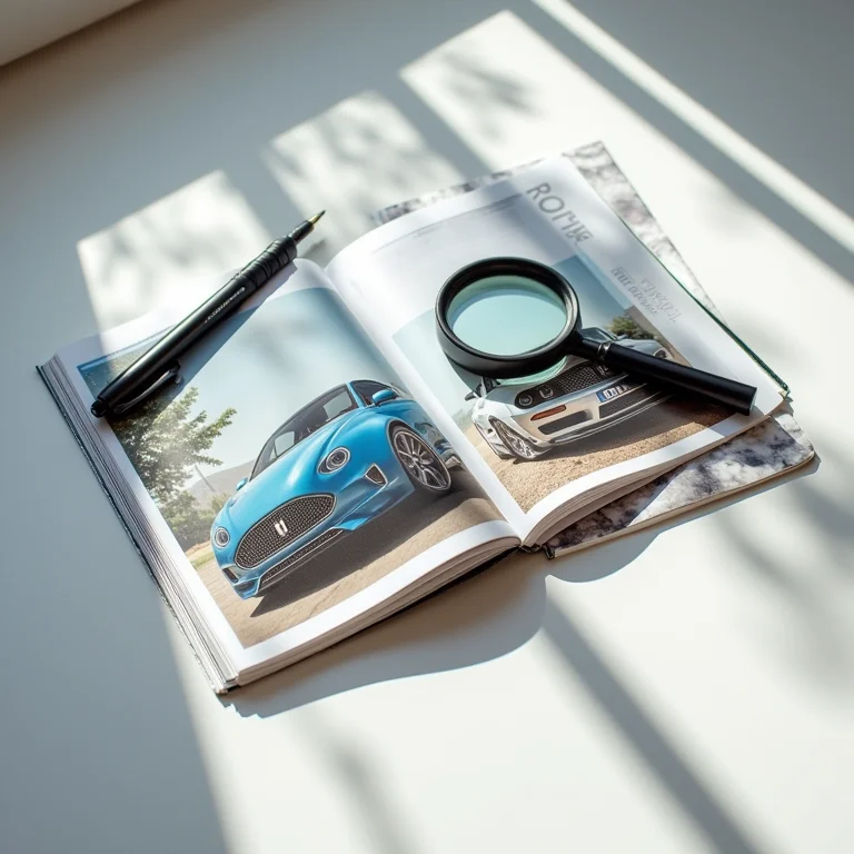 Revistas de carros e lupa em composição flat lay