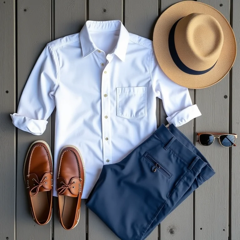 Roupas casuais masculinas para cruzeiro em flat lay