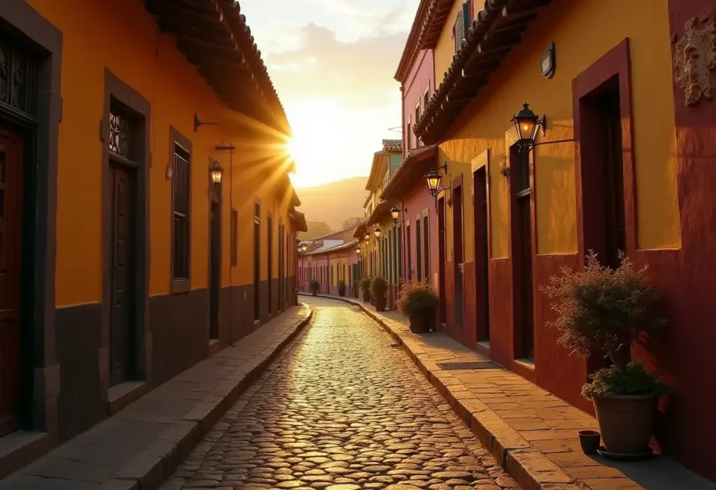 Rua charmosa em San Cristobal de las Casas, México ao entardecer