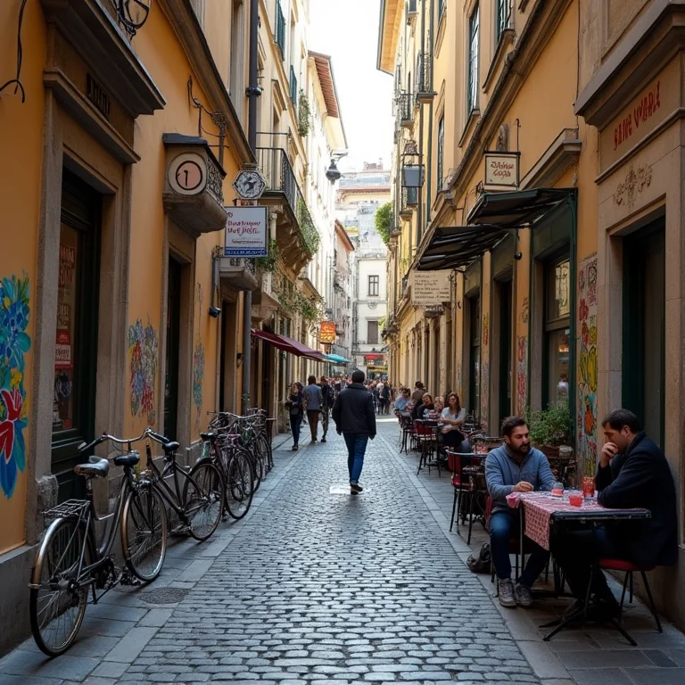 Rua de paralelepípedos no bairro judeu de Budapeste com arte de rua e cafés.