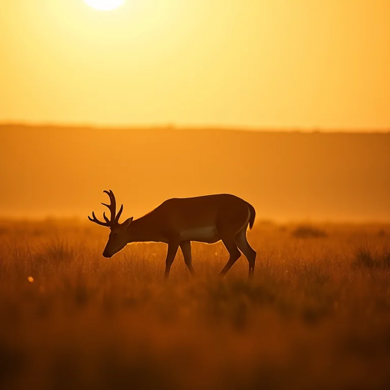 Saiga pastando em uma estepe ao pôr do sol.