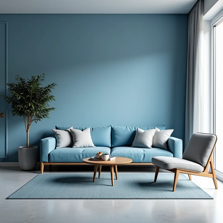 Sala azul bem decorada