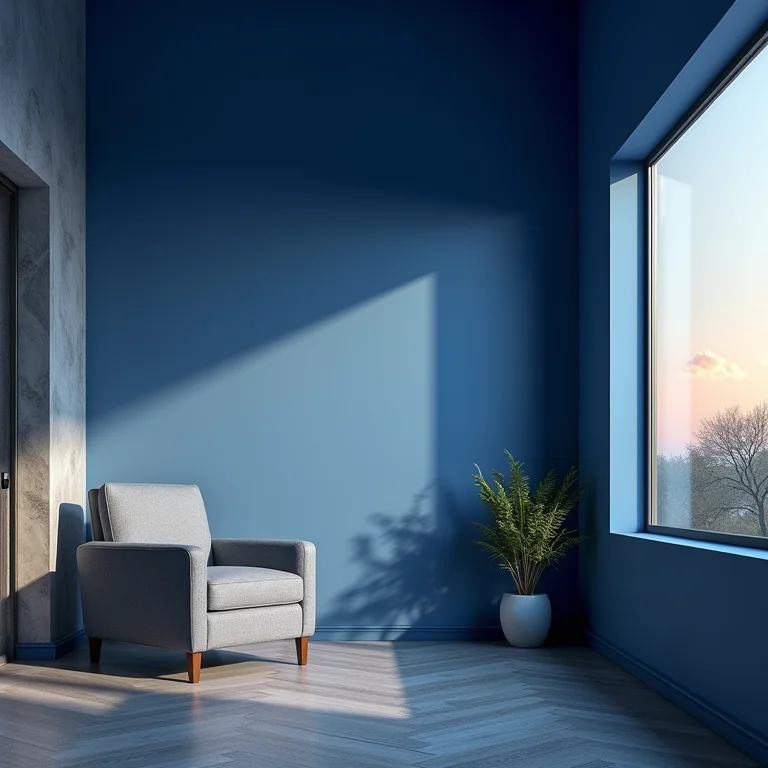 Sala azul com iluminação natural ao entardecer.