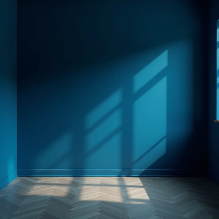 Sala azul mal iluminada com aparência sombria.