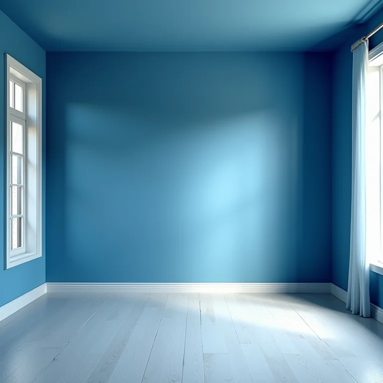 Sala azul sem acessórios com aparência impessoal.