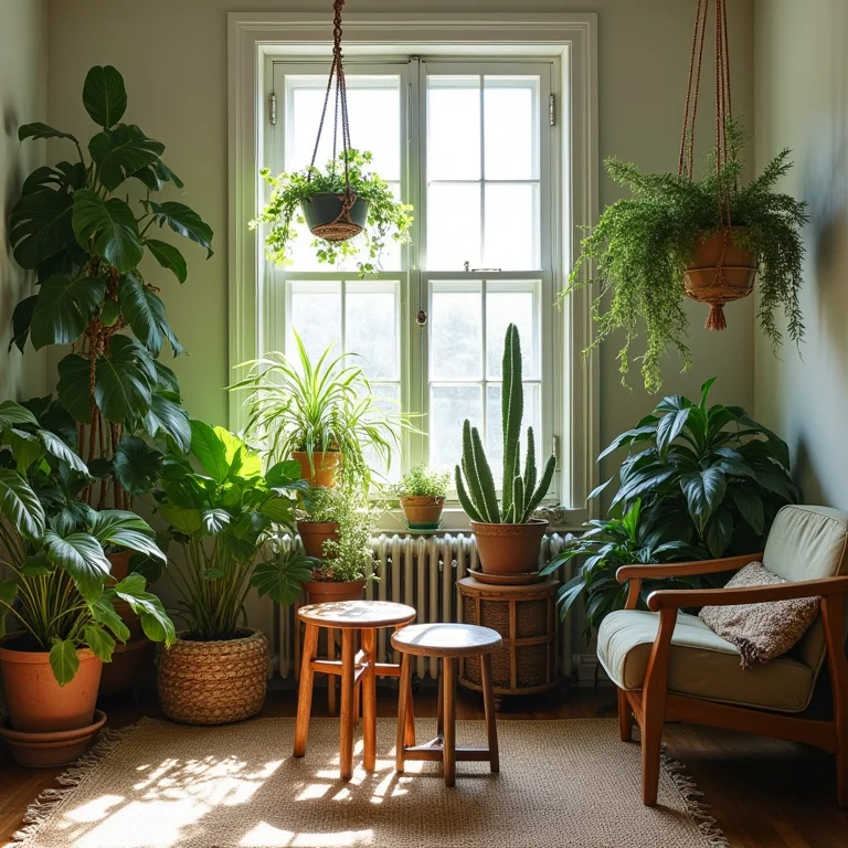 Sala boho com diversas plantas e decoração vintage