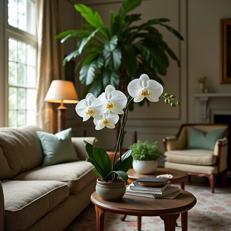 Sala clássica com orquídeas e Ficus lyrata