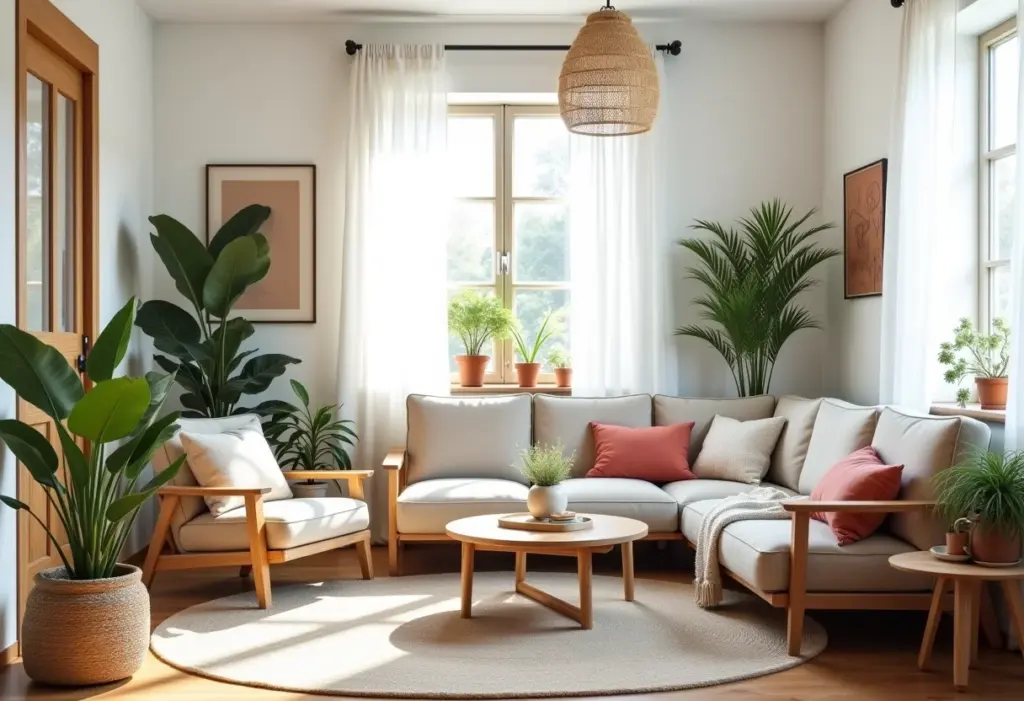 Sala de estar boho-chic com luz natural e decoração autêntica