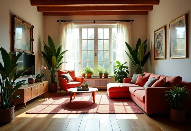 Sala de estar boho com luz natural e decoração aconchegante