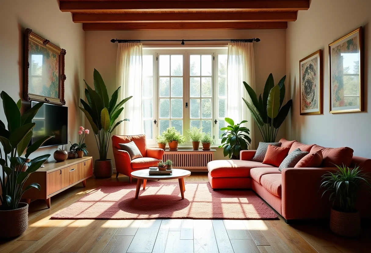 Sala de estar boho com luz natural e decoração aconchegante