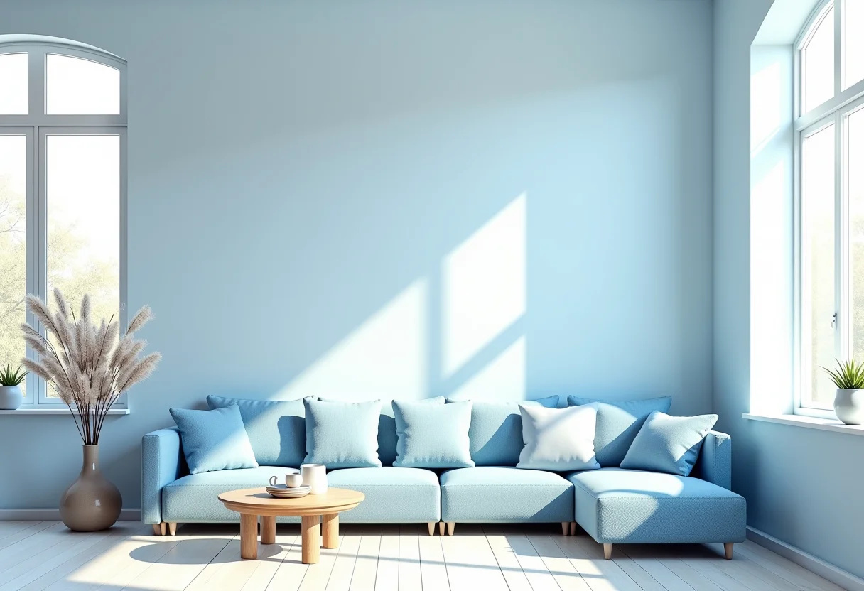 Sala de estar com decoração em tons de azul