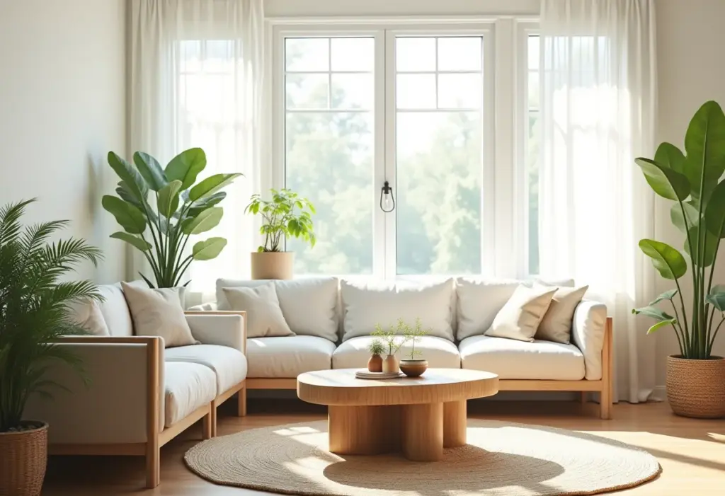 Decoração Sustentável: Guia prático para um lar eco-friendly Sala de estar com decoração sustentável e luz natural