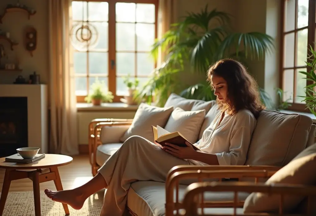 Sala de estar decorada com bambu, estilo zen e sustentável