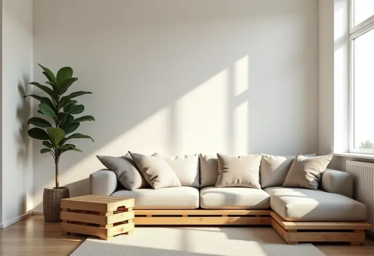 Sala de estar decorada com caixotes de feira reaproveitados