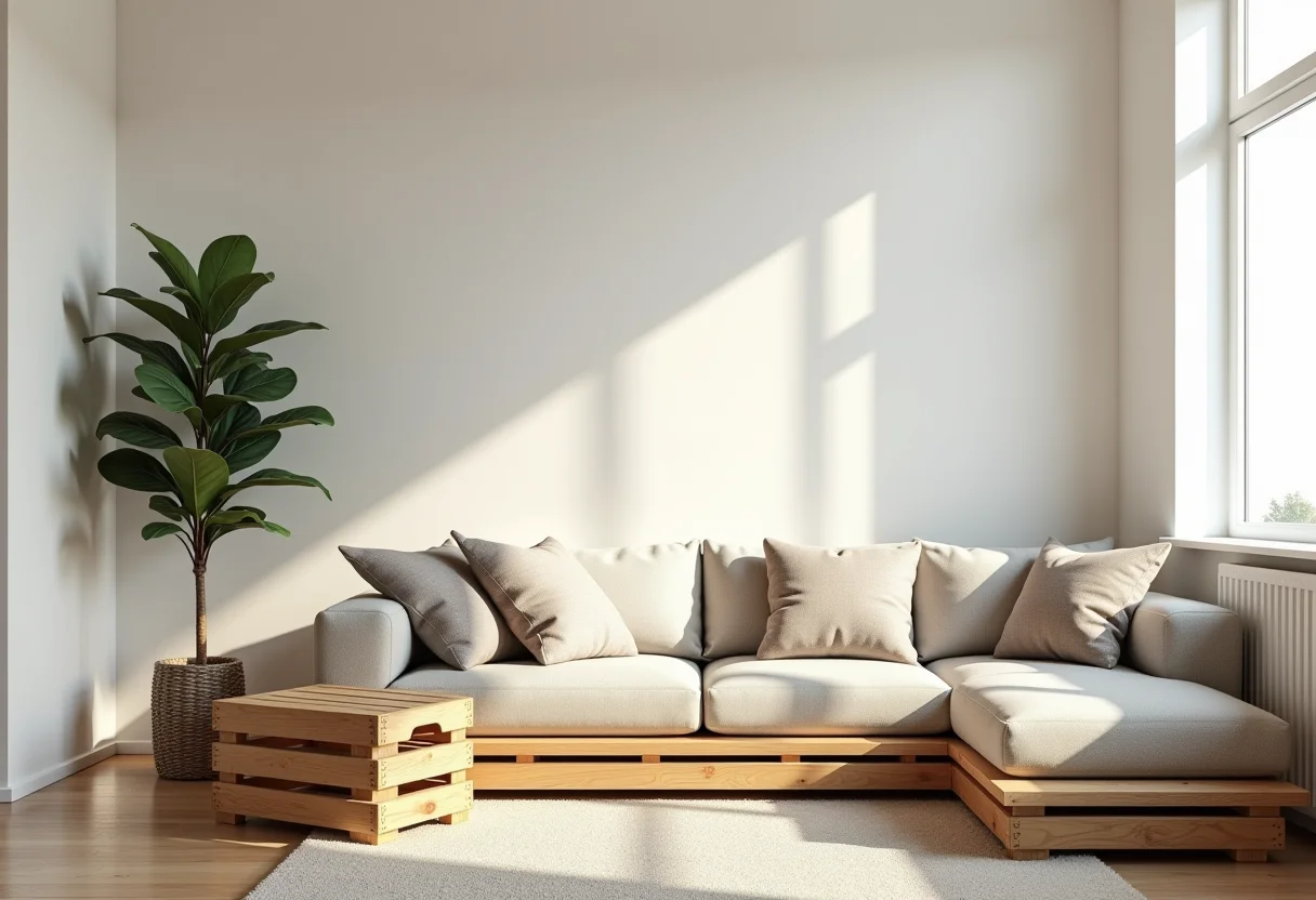 Sala de estar decorada com caixotes de feira reaproveitados