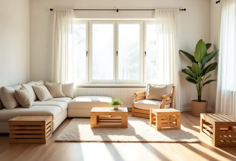 Sala de estar decorada com móveis feitos de caixotes de feira