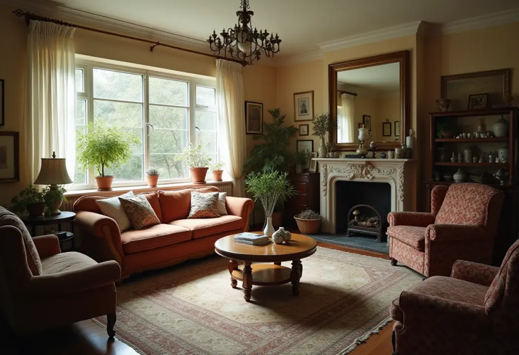 Sala de estar decorada de forma inadequada, com excesso de itens e estilos conflitantes.