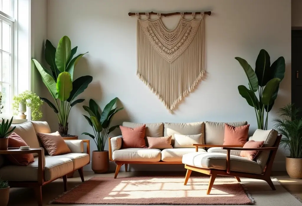 Sala de estar decorada em estilo boho com luz natural