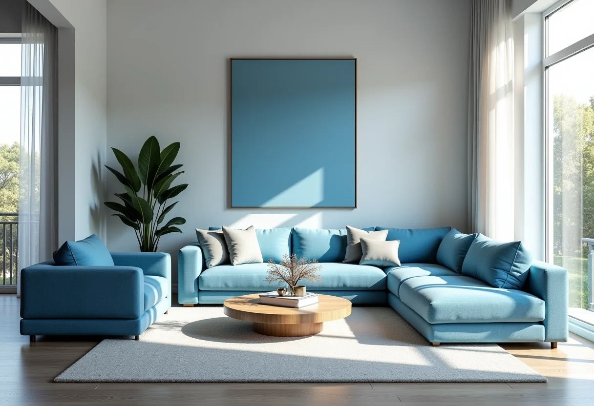 Sala de estar decorada em tons de azul, criando uma atmosfera serena.