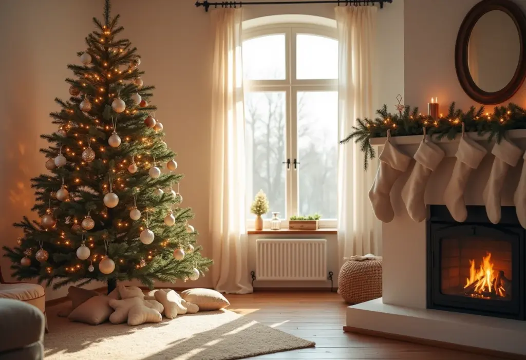 Sala de estar decorada para o Natal com árvore minimalista e lareira aconchegante