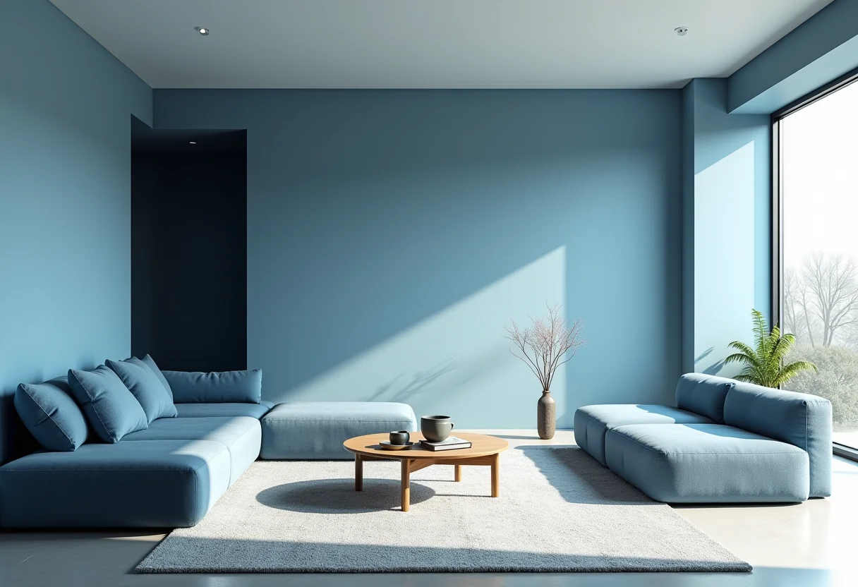 Sala de estar elegante com decoração em tons de azul.