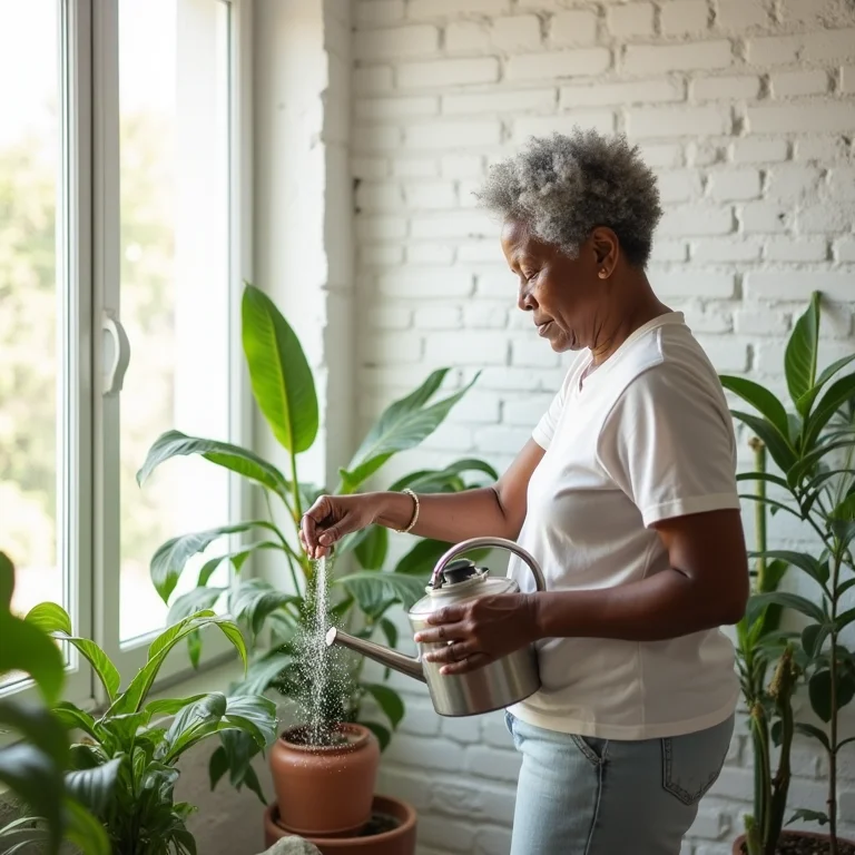 Sala de estar elegante com parede de tijolinho branca e senhora negra.