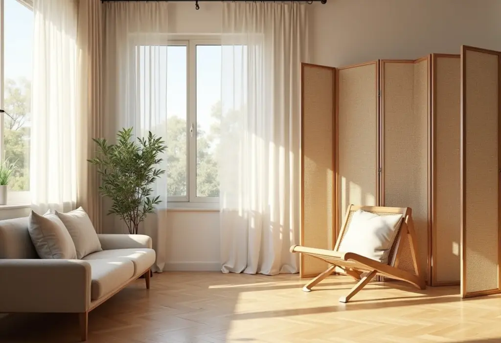 Biombos na decoração: 5 ideias geniais para sua casa Sala de estar iluminada com biombos decorativos.